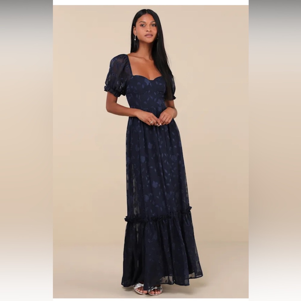 Lulu’s Navy Floral Burnout Bustier Maxi Dress